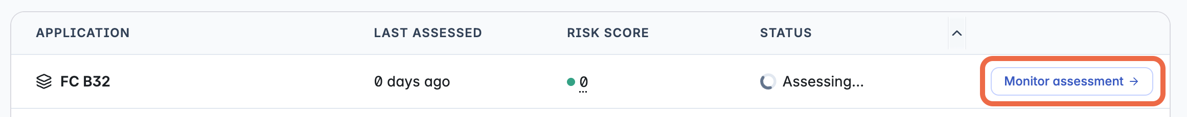 Screenshot of the organization page showing an application in status "Assessing" with a "Monitor assessment" button.