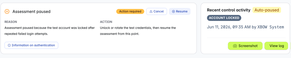 Screenshot showing a paused assessment, "Action required" label, reason "test account was locked after repeated failed login attempts".