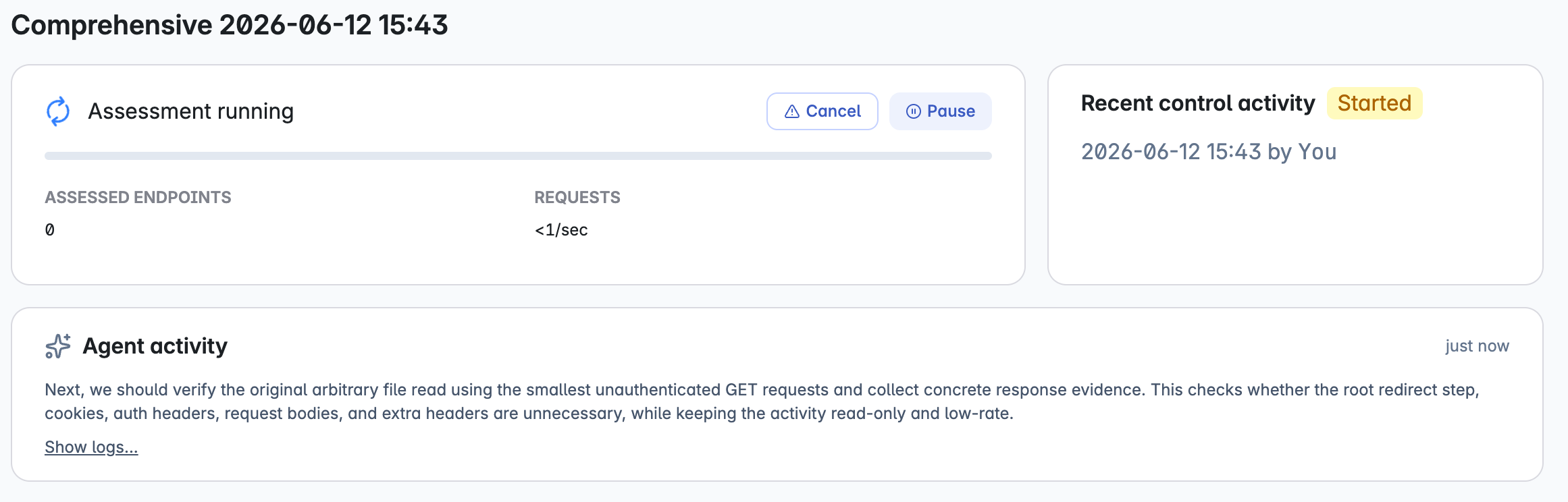 Screenshot showing a running assessment, <1 request per second, "Cancel" and "Pause" buttons, and agent activity log.