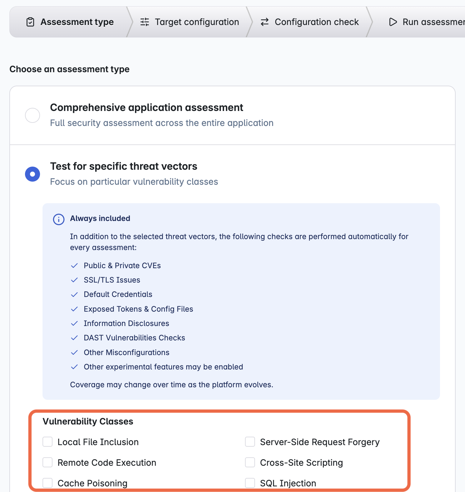 Screenshot of the old "Assessment type" page showing the "Test for specific threat vectors" option. A group of vulnerability classes is outlined in orange.
