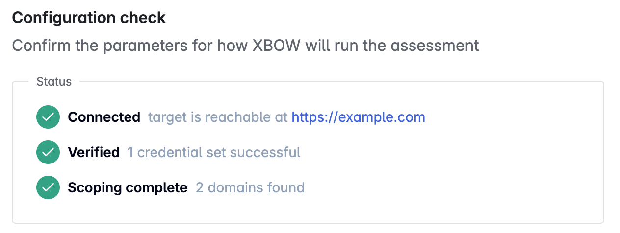 Screenshot of a successful configuration check showing "Connected", "Verified", and "Scoping complete".