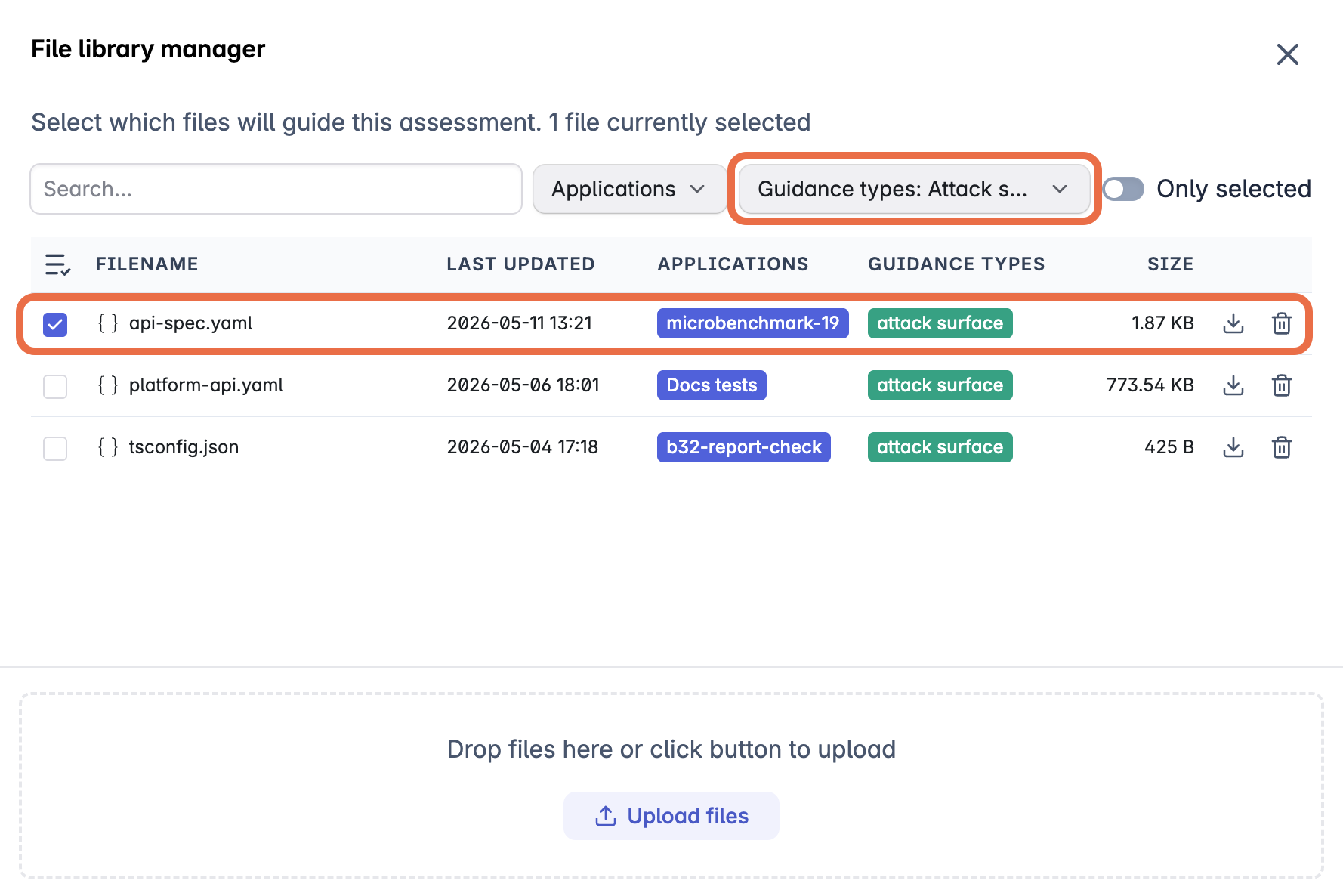 Screenshot of the File library manager. One file is marked for inclusion in the assessment (outlined orange).
