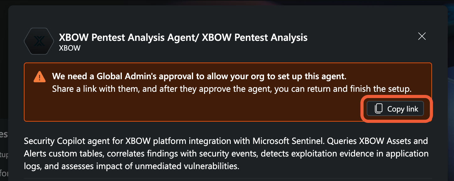 Screenshot of the pentest analysis agent showing the warning box. The copy link button is outlined with a bold orange border.