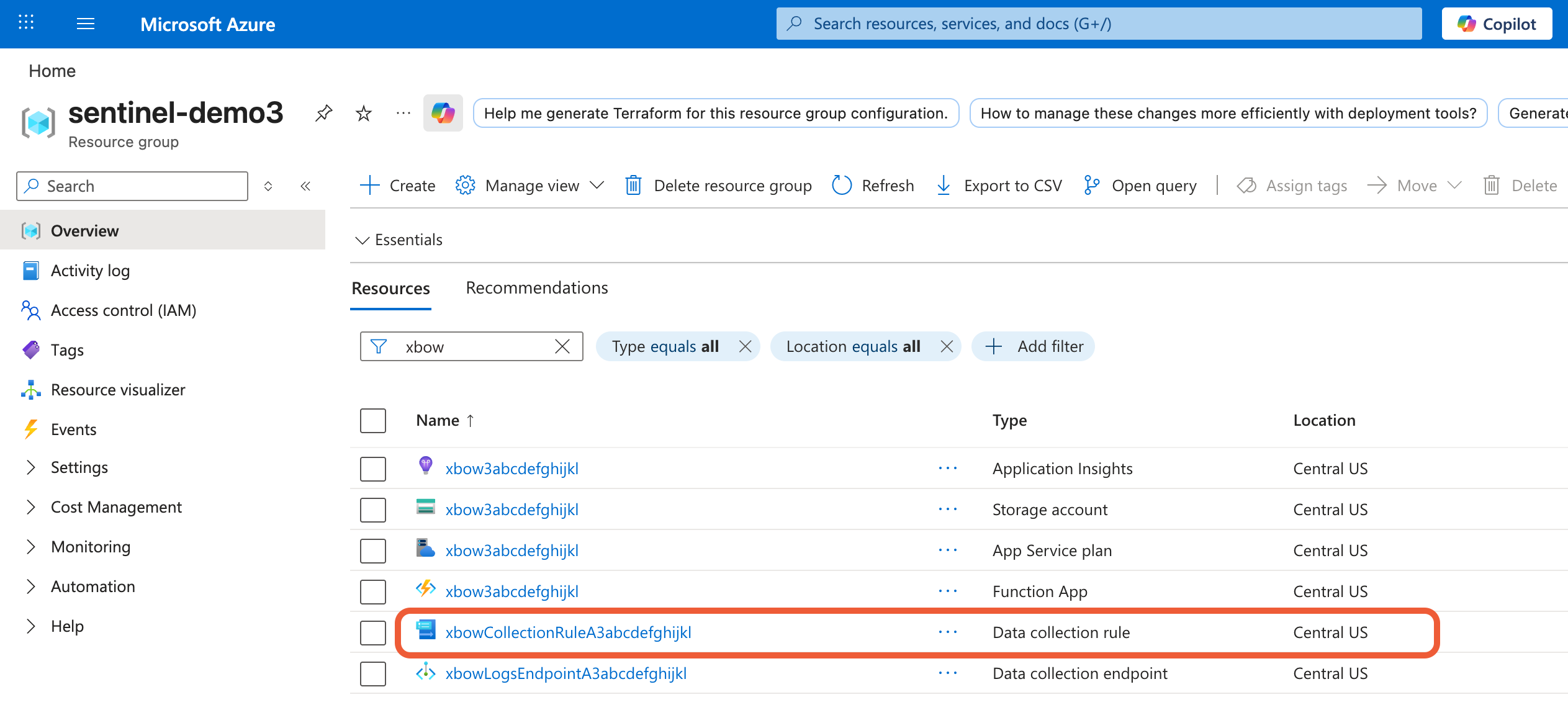 Screenshot showing a resource group in Microsoft Azure, filtered to show 'xbow' resources. DCR is outlined in orange.