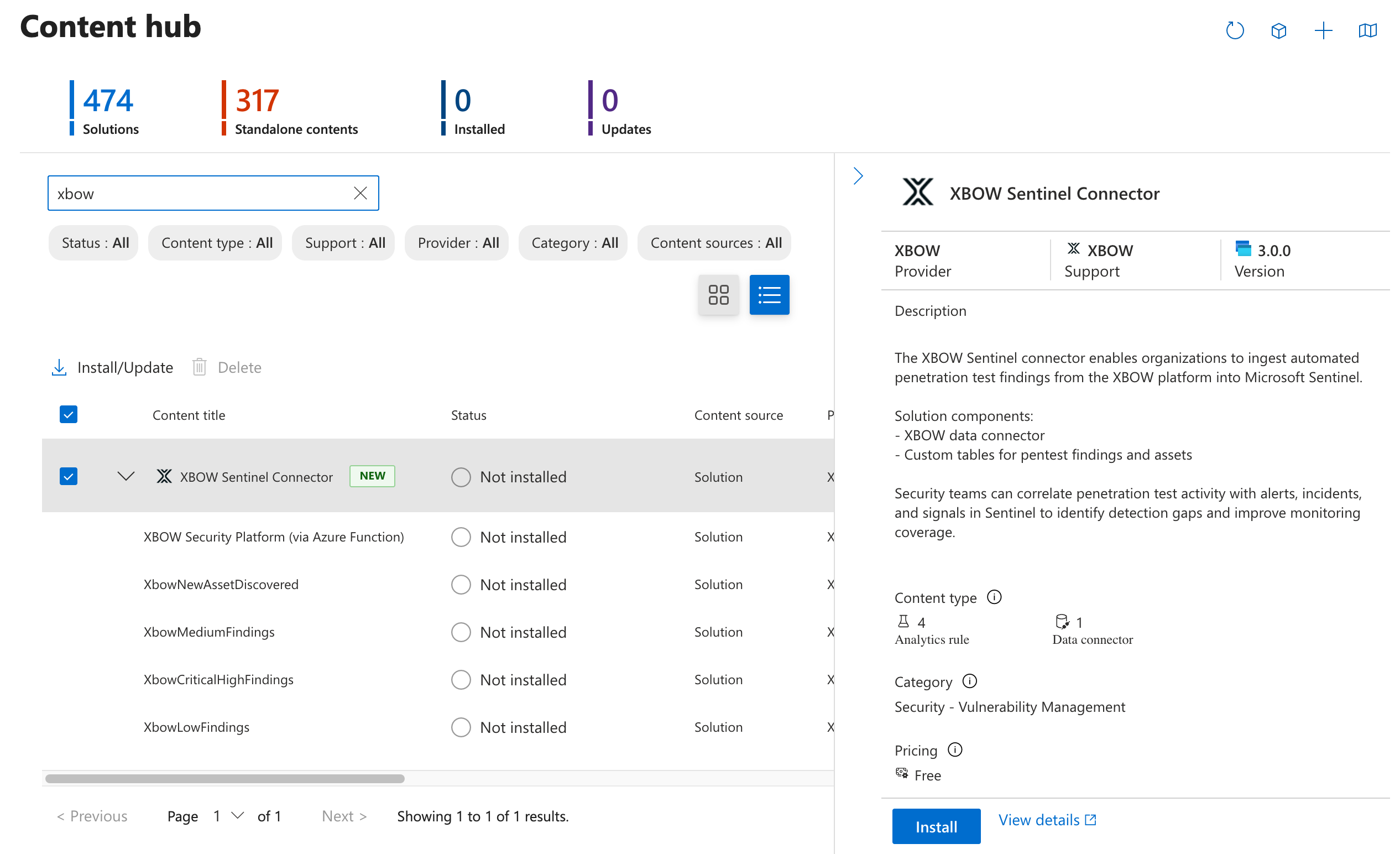 Screenshot of the Content hub with the XBOW solution selected.