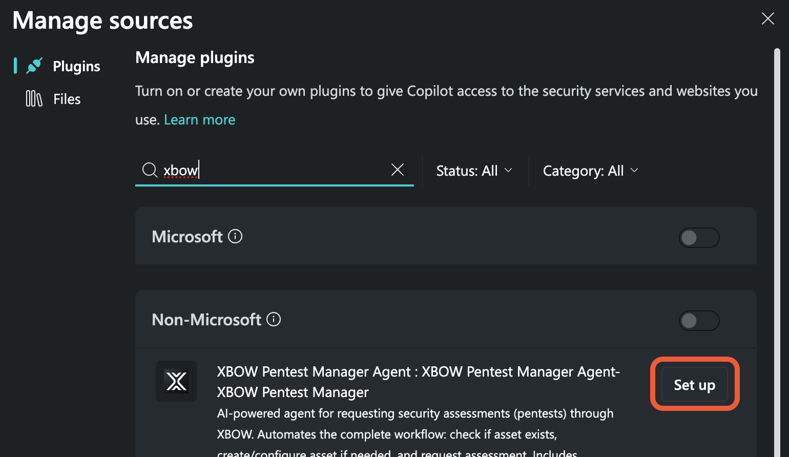 Screenshot of the XBOW Pentest Manager Agent with the "Set up" button outlined in orange.