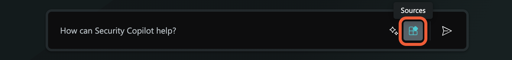 Screenshot of the Security Copilot chat prompt. The Sources icon is outlined in orange.
