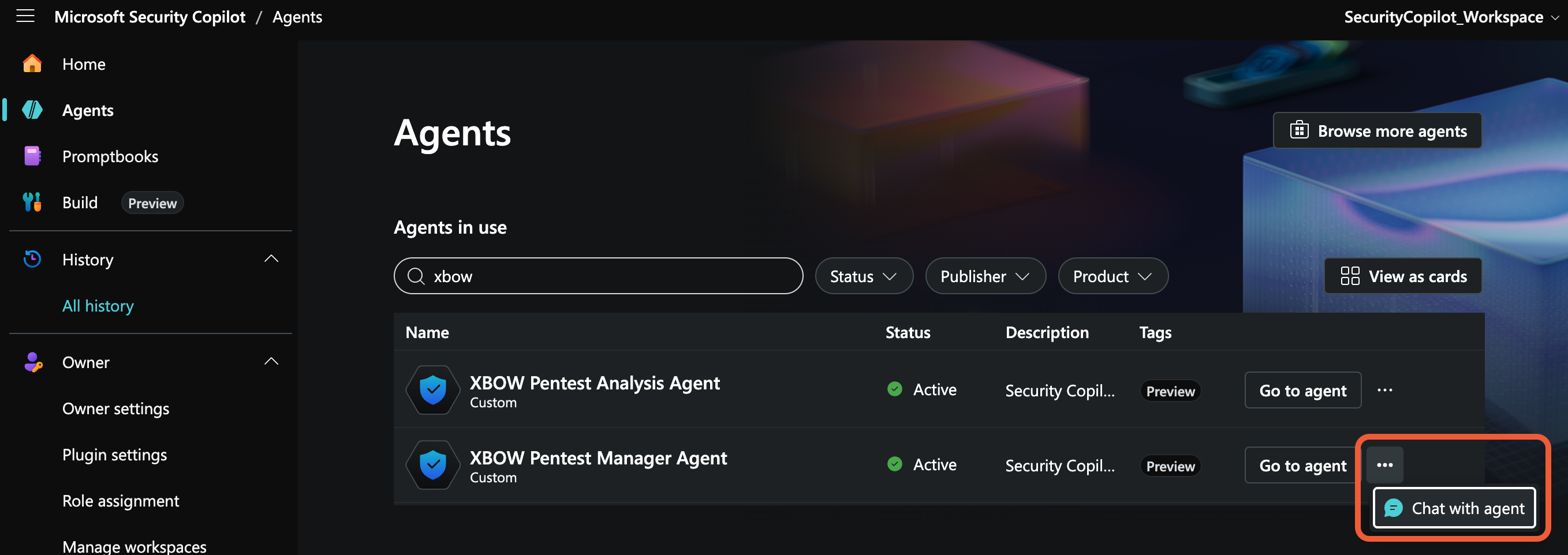 Screenshot showing the XBOW Pentest Manager Agent. The associated ellipsis icon and "Chat with agent" option are outlined in orange.