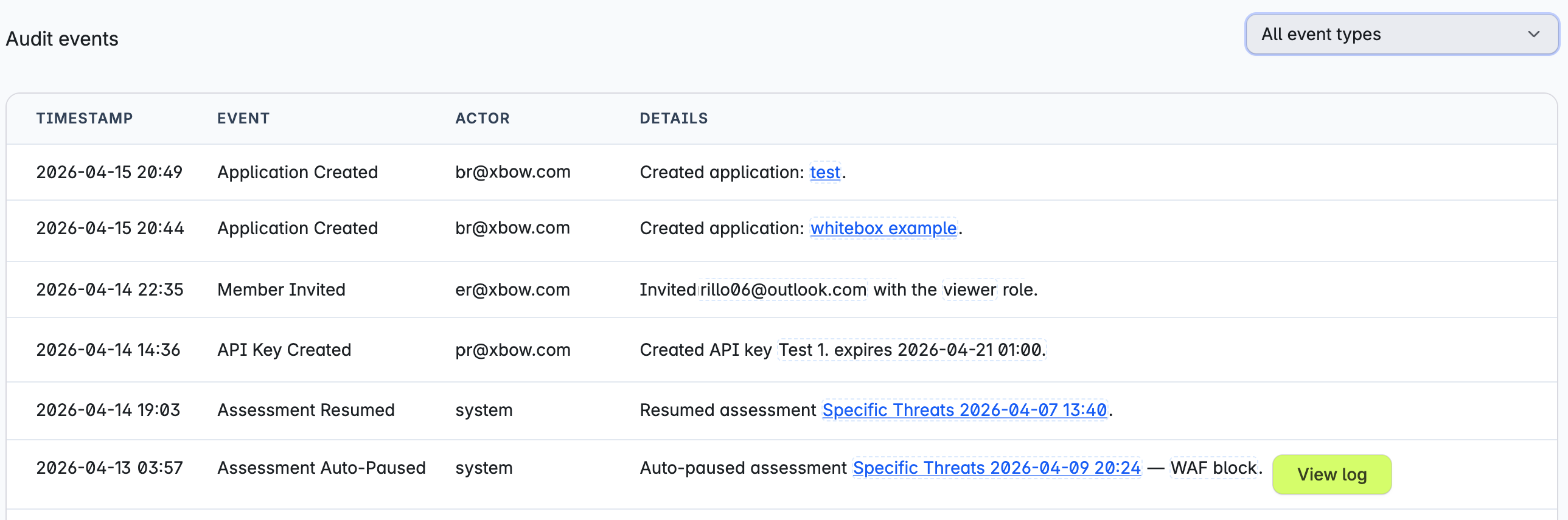 Screenshot of the "Audit events" list showing examples of the details for "Application Created", "Member Invited", "API Created".
