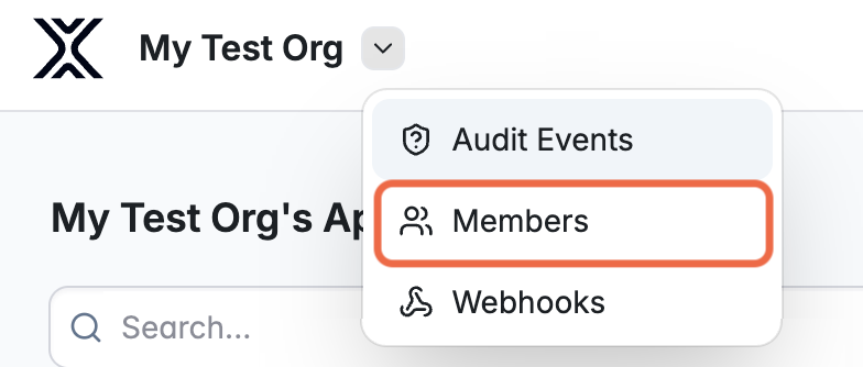 Screenshot of the organization administration drop-down menu, showing options for Audit Events, Members, and Webhooks