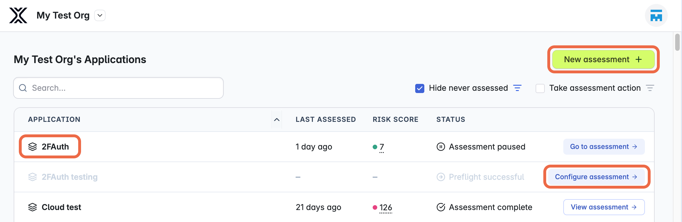 Screenshot of the organization dashboard. The "New assessment" button, an asset name, and a "Configure assessment" button are outlined in orange.