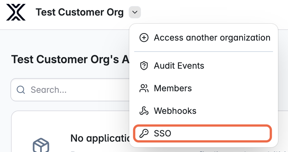 Screenshot of the organization administration drop-down menu, showing options for Audit Events, Members, SSO, and Webhooks