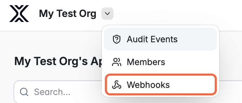 Screenshot of the organization administration drop-down menu, showing options for Audit Events, Members, and Webhooks