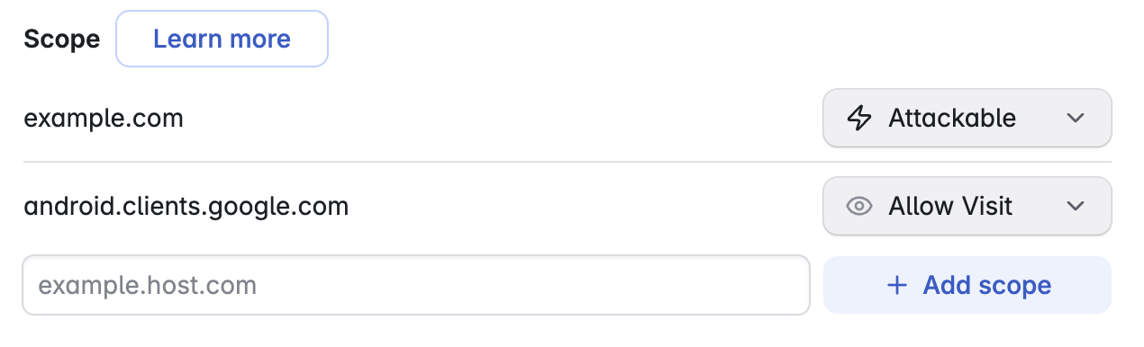 Screenshot of the "Scope" area showing two domains. Target domain is "Attackable" and third-party domain is "Allow Visit".