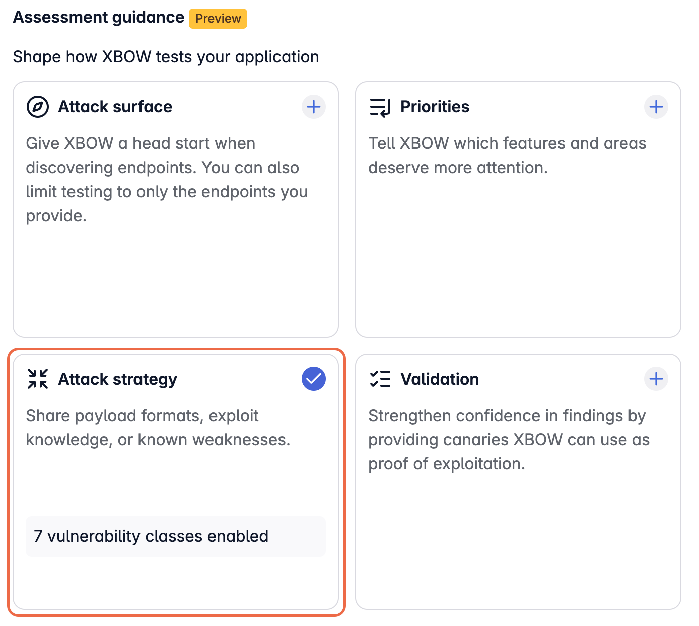 Screenshot of the "Target configuration" page showing the "Assessment guidance" section. The "Attack strategy" card is outlined in orange.