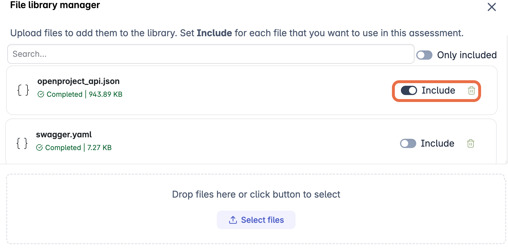 Screenshot of the File library manager. One file is marked for inclusion in the assessment (outlined orange).